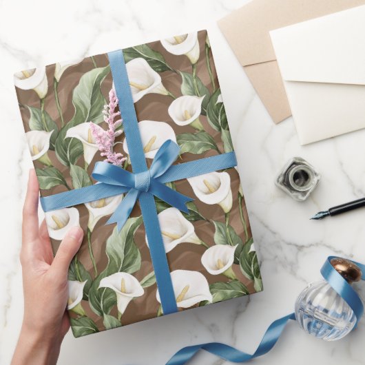 Papier Cadeau Fête de Mariage Florale Lys Brun Blanc (Cadeaux)