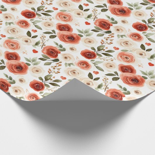 Papier Cadeau Fête de mariage rouge crème cœurs et fleurs (Coin)