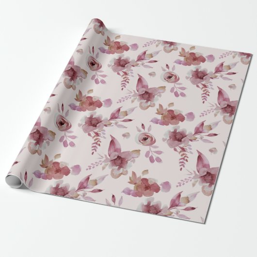 Papier Cadeau Fête de Naissance Fille Élégante Fleurie Mauve Ros (Déroulé)