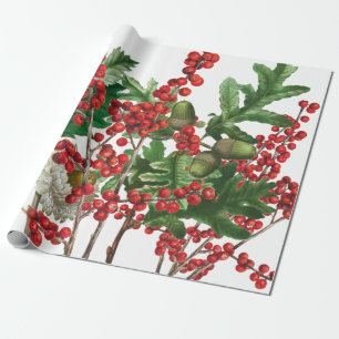 Papier Cadeau Fête de Noël Berries Acorn À feuillage persistant