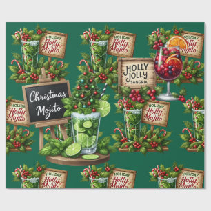 Papier Cadeau Fête de Noël Cocktail avec Boissons sur Vert