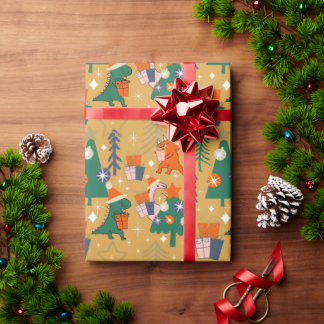 Papier Cadeau Fête de Noël des dinosaures Jaune