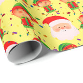 Papier Cadeau Fête de Noël des elfes et du Père Noël (Coin rond)