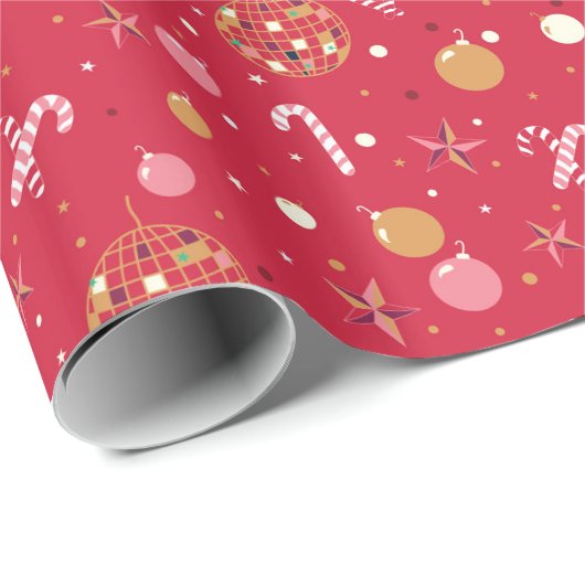 Papier Cadeau Fête de Noël Disco en Rouge (Coin rond)