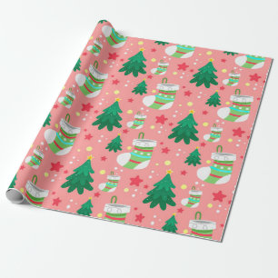 Papier Cadeau Fête de Noël Motif des étoiles Stockings Arbres