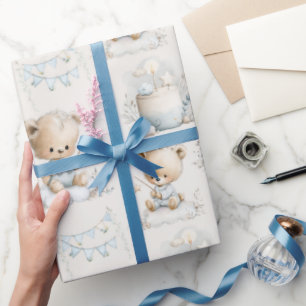 Papier Cadeau fête d'enfants avec un ours en peluche et gâteau