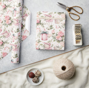 Papier Cadeau Fête des mariées aquarelle - roses roses et boîte 