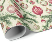 Papier Cadeau Fête des ornements de Noël rose, rouge et vert (Coin rond)