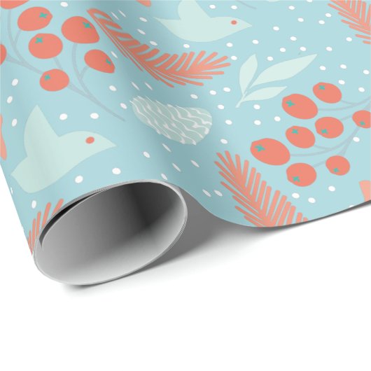 Papier Cadeau Fête d'hiver Rouge Berry Bleu Oiseau Floral Noël (Coin rond)