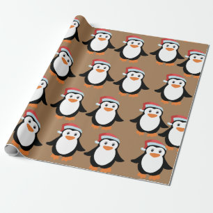 Papier Cadeau fête du pingouin Noël avec casquette rouge cadea