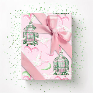 Papier Cadeau Fête plumée en rose et vert