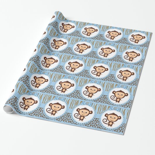 Papier Cadeau Fête Prénatale Bébé Singe Garçon (Déroulé)