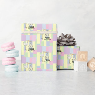 Papier Cadeau Fête prénatale funky rétro cubiste avec une cigogn