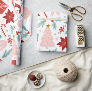 Papier Cadeau Fête rose et rouge Enveloppement de Noël