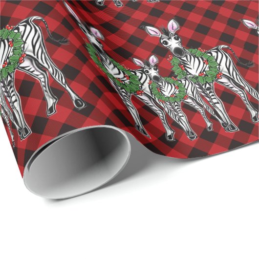 Papier Cadeau Fête Zebra Holly couronne | buffle rouge (Coin rond)