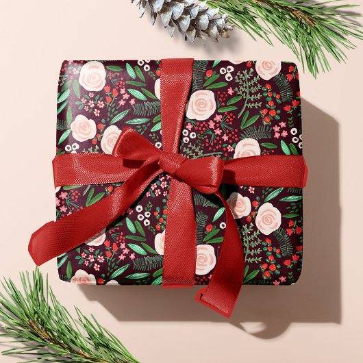 Papier Cadeau Fêtes de Noël Floral Moderne