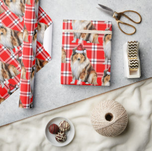 Papier Cadeau Fêtes Rouge Plaid Collie Père Noël Chien Noël