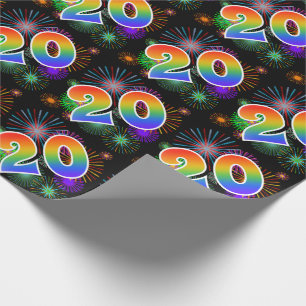 Papier Cadeau Feu d'artifice coloré + Motif arc-en-ciel "20" Num