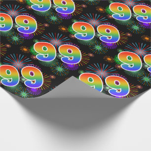 Papier Cadeau Feu d'artifice coloré + Motif arc-en-ciel "99" N°