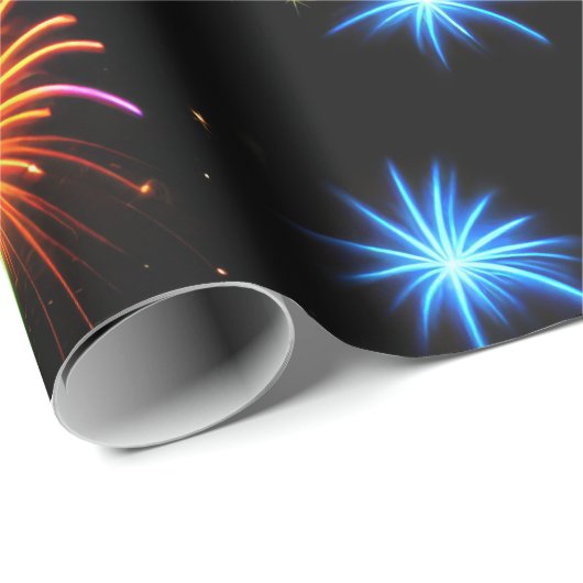 Papier Cadeau Feu d'artifice Neon Noir (Coin rond)