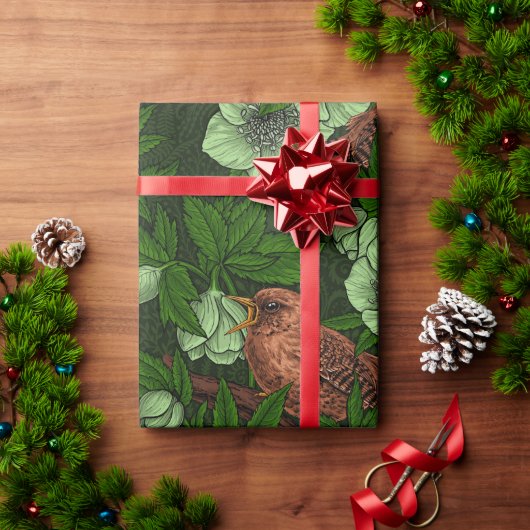 Papier Cadeau Feu et hellebore sur vert foncé (Cadeau de vacances)