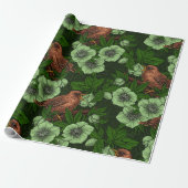 Papier Cadeau Feu et hellebore sur vert foncé (Déroulé)