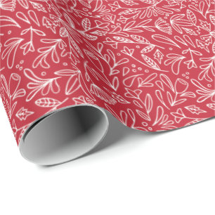 Papier Cadeau Feuillage blanc et rouge esquissé/conception flora