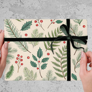Papier Cadeau Feuillage de Noël Baies Rouges Pinède Fête