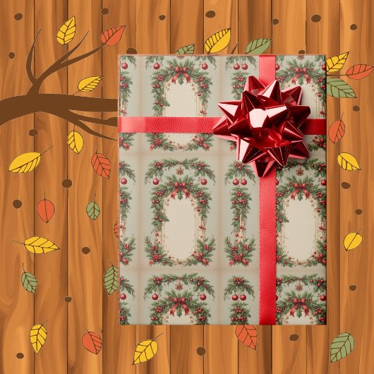 Papier Cadeau Feuillage de verdure de Noël de houx rustique roug