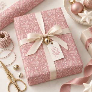 Papier Cadeau Feuillage hivernal rustique-chic Rose poudrée Ivoi