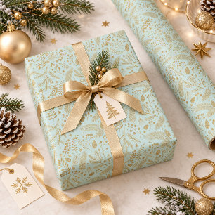 Papier Cadeau Feuillage hivernal rustique-chic vert menthe or ID