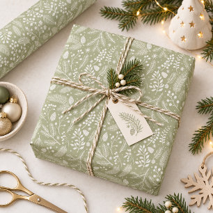 Papier Cadeau Feuillage hivernal rustique-chic vert sauge ivoire