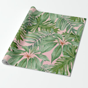 Papier Cadeau Feuillage Rose Tendance Feuilles de Jungle Tropica