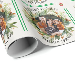Papier Cadeau Feuillage Vert Famille Photo Joyeux Noël