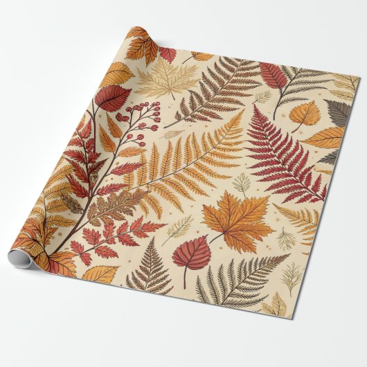Papier Cadeau Feuillages et baies d'automne - Tons chauds (Déroulé)
