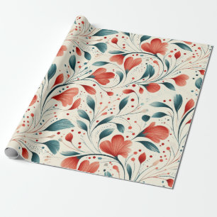 Papier Cadeau Feuille bleue blanche et motif floral rouge