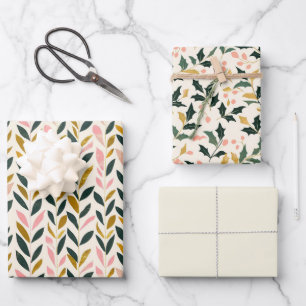 Papier Cadeau Feuille de Noël Vert ivoire Or rose