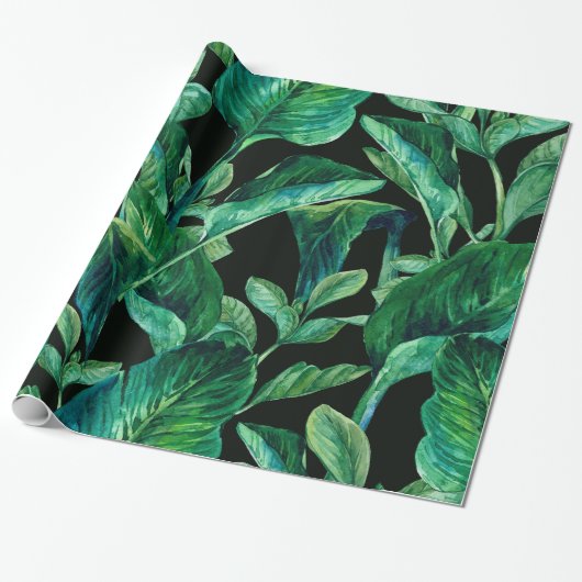 Papier Cadeau Feuille tropical d'aquarelle de vert bleu (Déroulé)