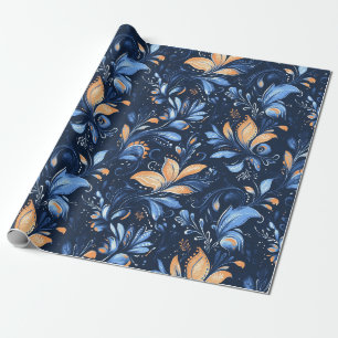 Papier Cadeau Feuilles Abstraits de marguerite bleu et or (3)