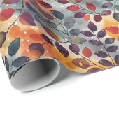 Papier Cadeau Feuilles automne Rouge Beige Bleu Thankesgiving (Coin rond)