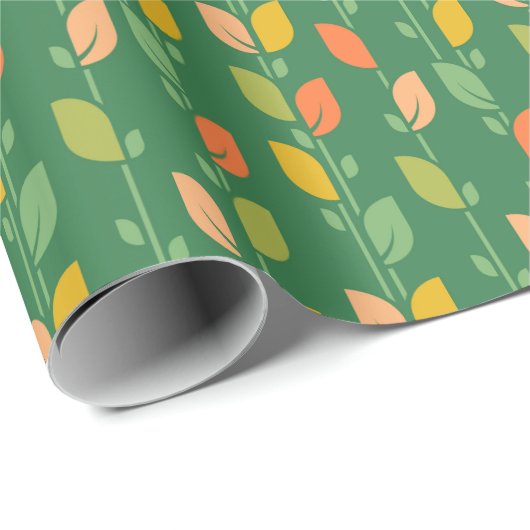 Papier Cadeau Feuilles d'art populaire rétro de Midmod sur Vert (Coin rond)