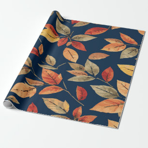 Papier Cadeau Feuilles d'automne aux tons chauds sur fond bleu f