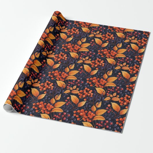 Papier Cadeau Feuilles d'automne Berries & Branches Papier d'env (Déroulé)