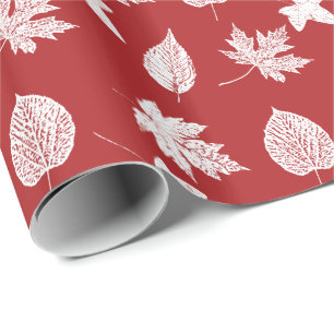 Papier Cadeau Feuilles d'automne - blanc et rouge foncé