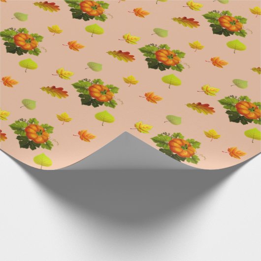 Papier Cadeau Feuilles d'automne, citrouille sur beige (Coin)