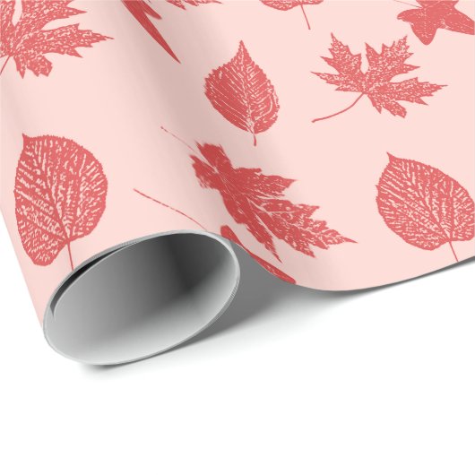 Papier Cadeau Feuilles d'automne - corail orange et rose (Coin rond)