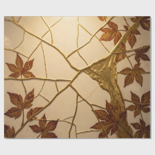 Papier Cadeau Feuilles d'automne en marbre Kintsugi doré 