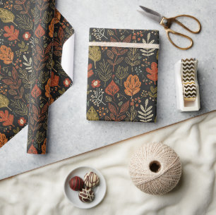 Papier Cadeau Feuilles d'automne fantaisistes boho sur fond noir