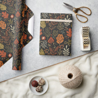 Papier Cadeau Feuilles d'automne fantaisistes boho sur fond noir