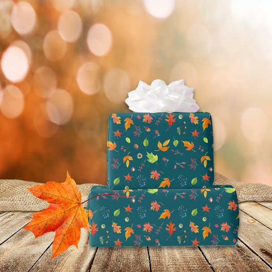 Papier Cadeau Feuilles d'automne Motif Aquarelle verte